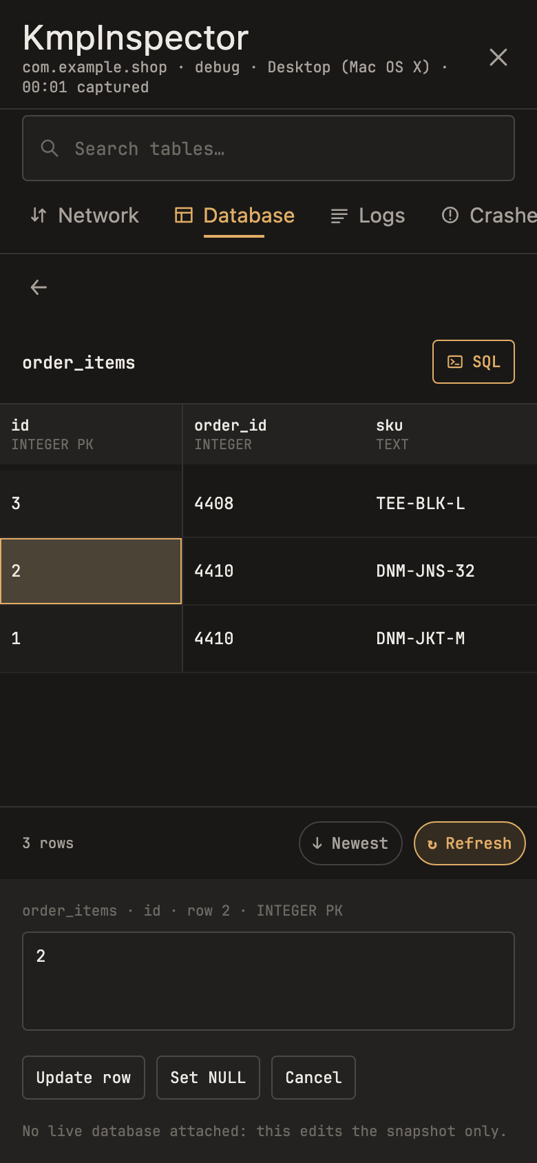 KMP Inspector cell editor with Update row, Set NULL and Cancel buttons below a table