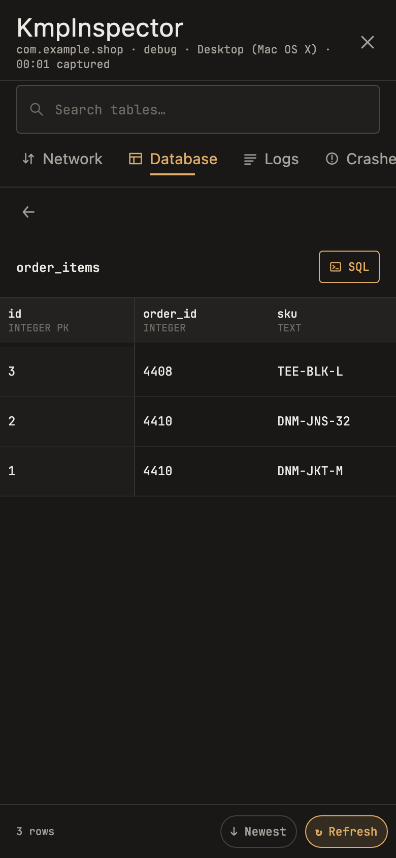 KMP Inspector table view showing columns with their types and three rows