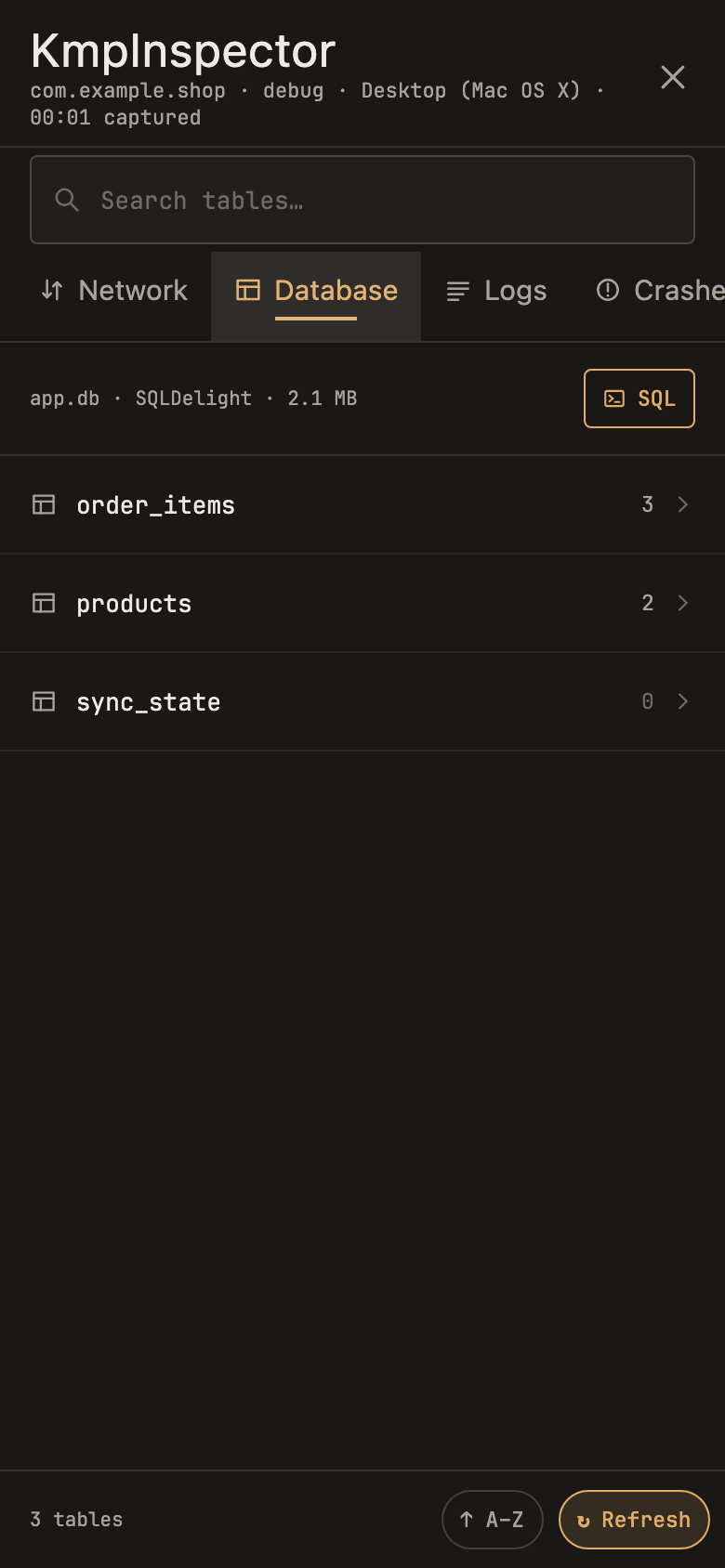 KMP Inspector Database panel listing three tables with their row counts and a SQL button