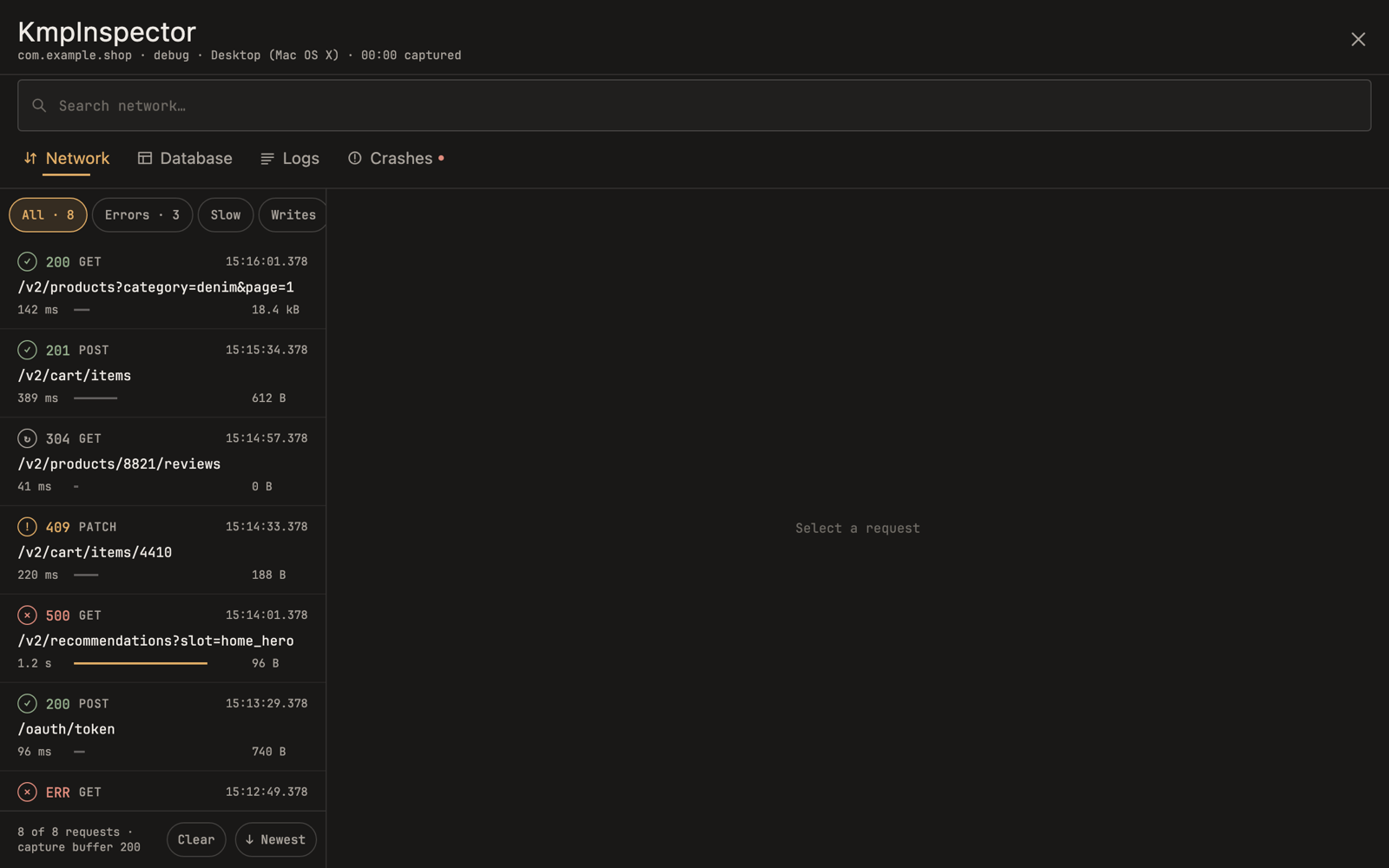 KMP Inspector on a desktop window showing captured network requests with status codes, timings and sizes