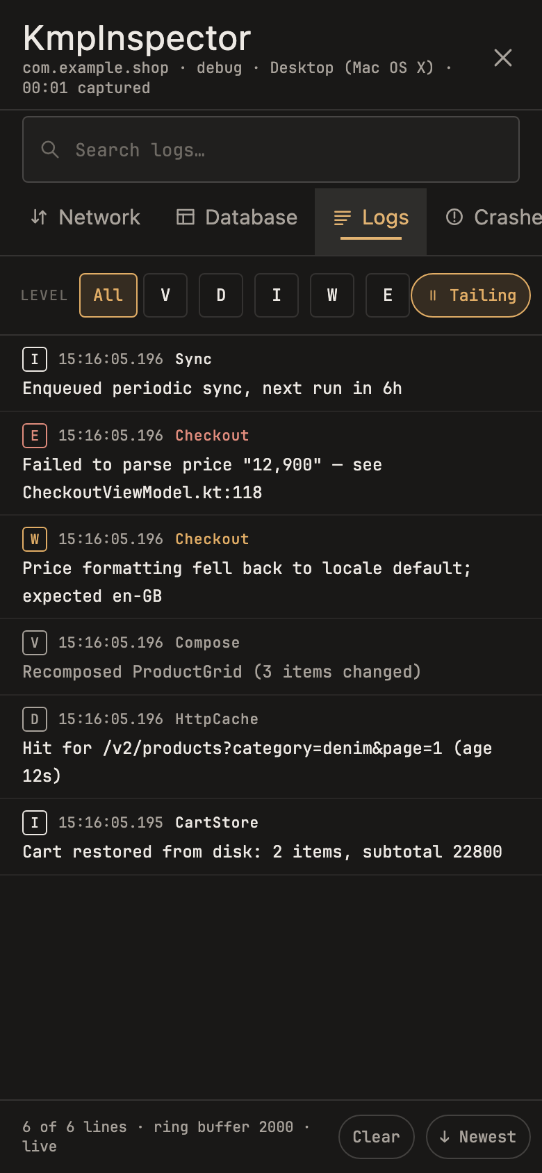 KMP Inspector Logs panel with level filters and log lines from several tags