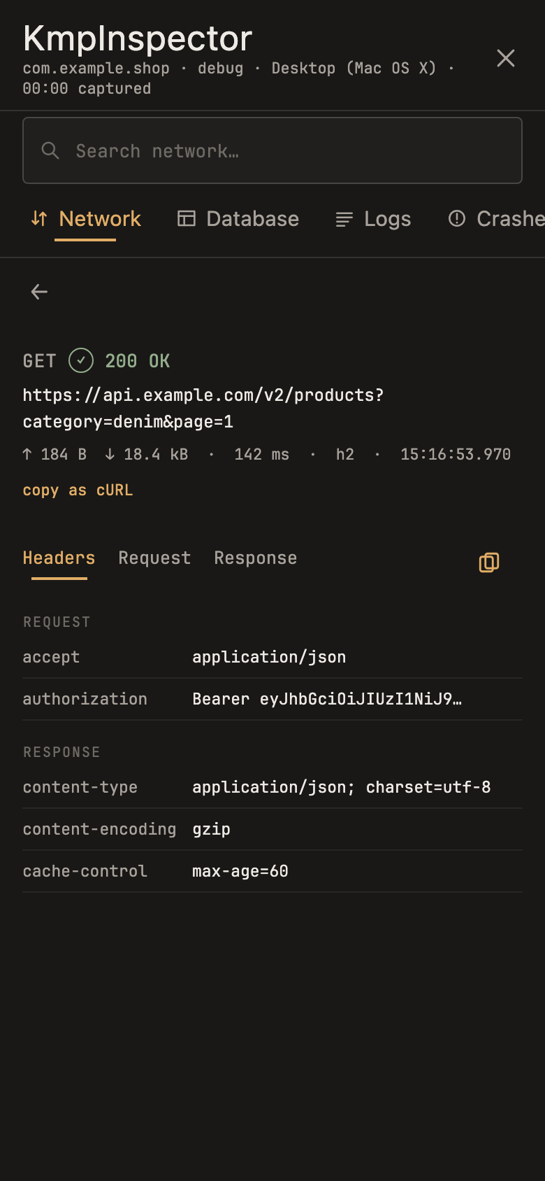 KMP Inspector Headers tab listing request headers such as accept and authorization, and response headers