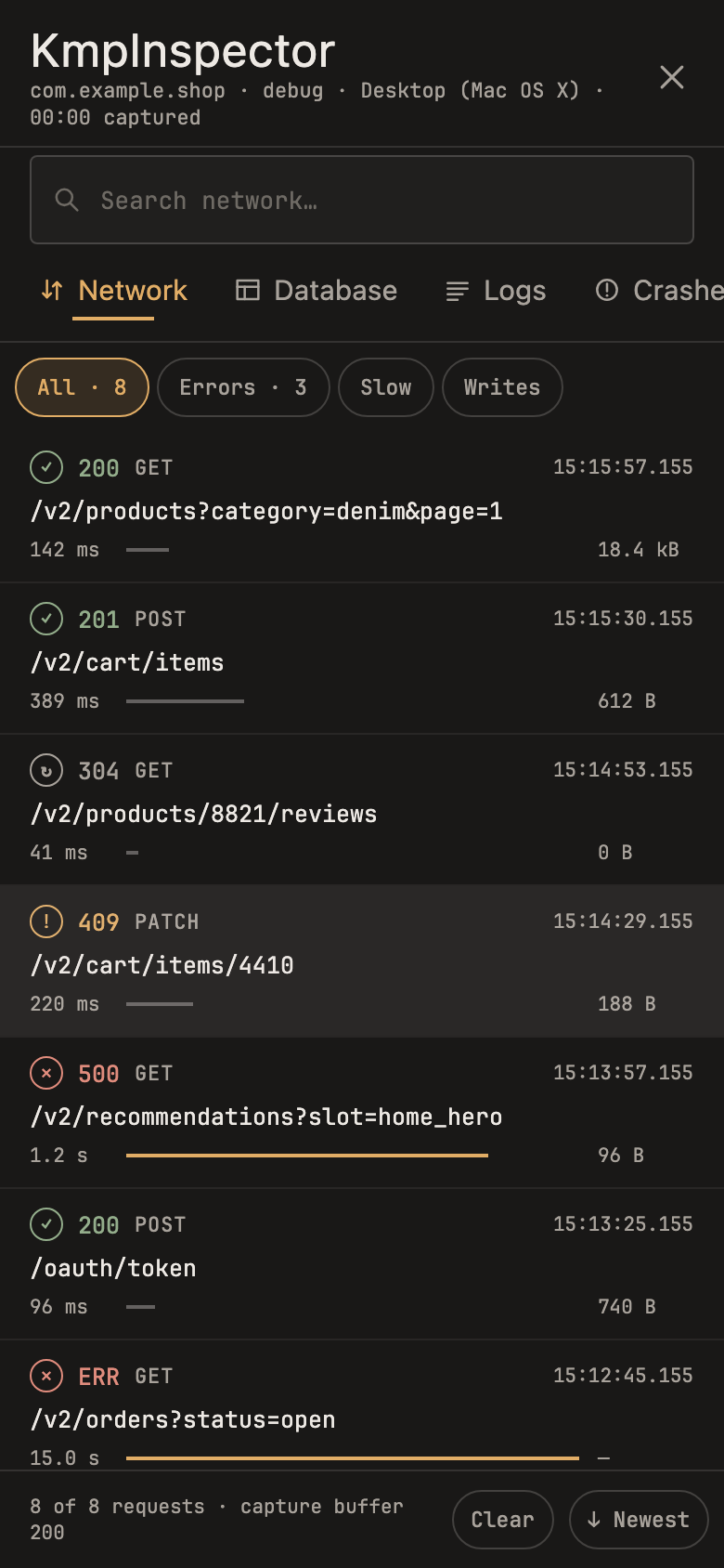 KMP Inspector Network panel on a phone listing requests with 200, 201, 304, 409, 500 and error statuses