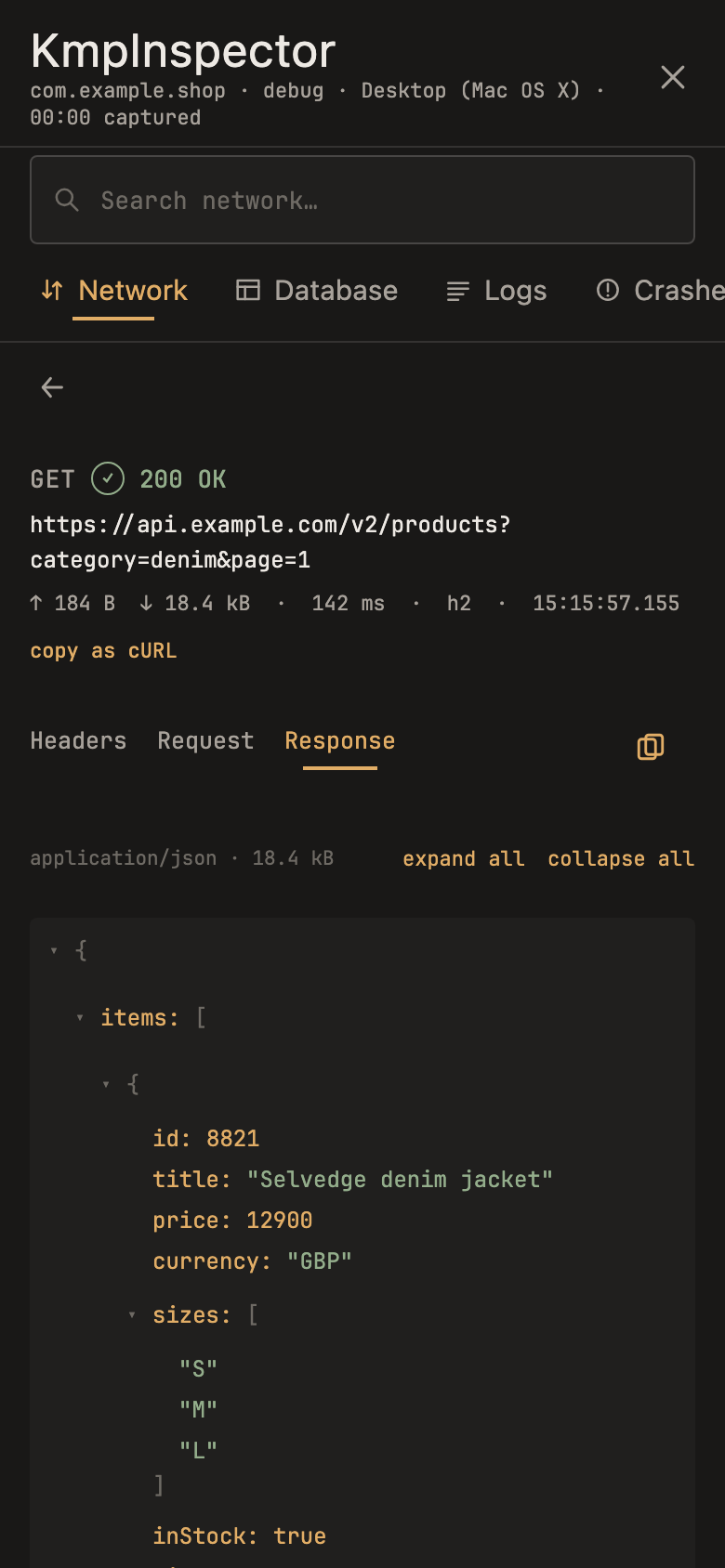 KMP Inspector request detail for a GET request showing status 200, timing, size and a copy as cURL link