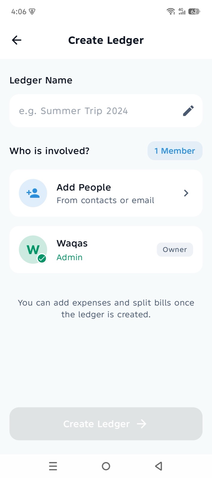 Shared Khata Create Ledger screen with a ledger name field and an Add People option from contacts or email