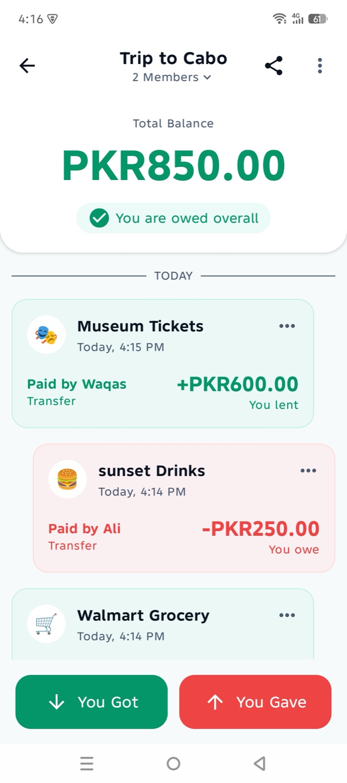 Shared Khata trip khata showing a total balance of PKR 850 and who paid for each expense