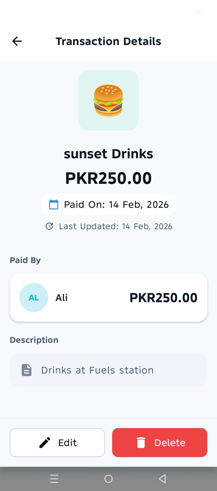 Shared Khata transaction details showing the amount, the date paid, who paid and a description