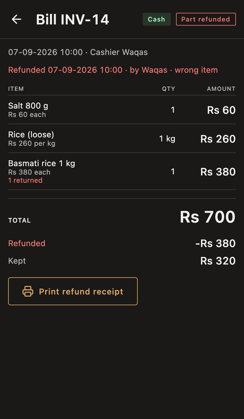 Dukaan POS bill detail for a corrected bill, marked part refunded, with the reason and the items