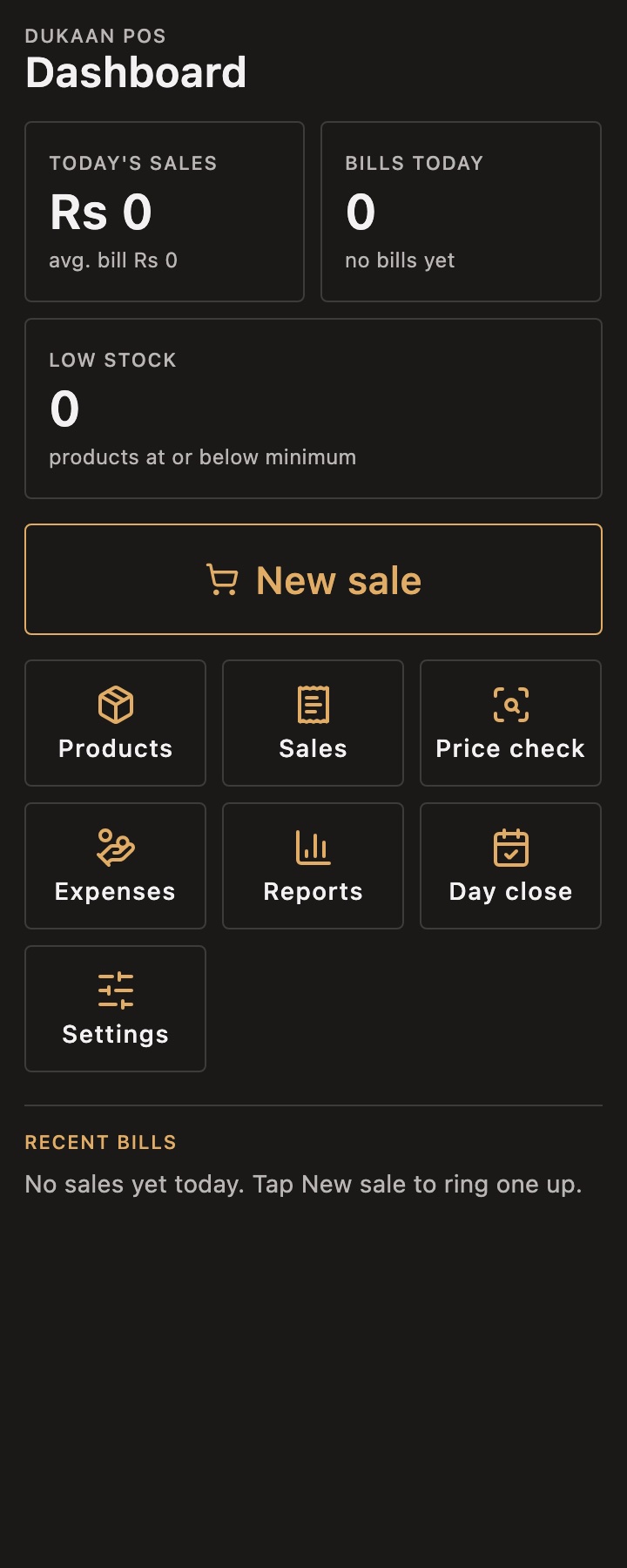 Dukaan POS dashboard on a phone in English