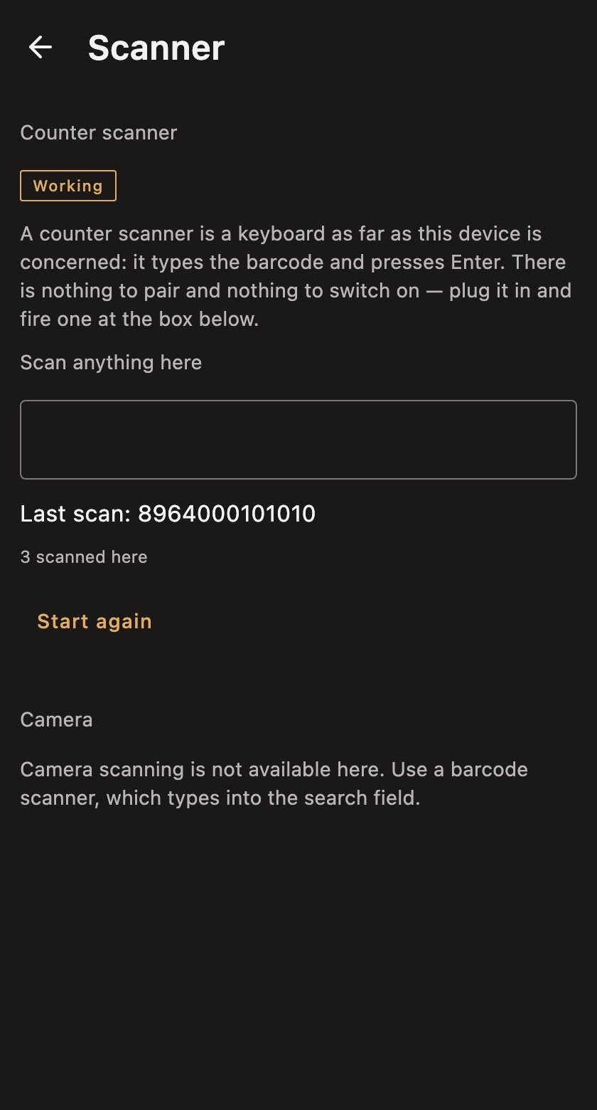 Dukaan POS scanner settings screen confirming that a counter barcode scanner is working